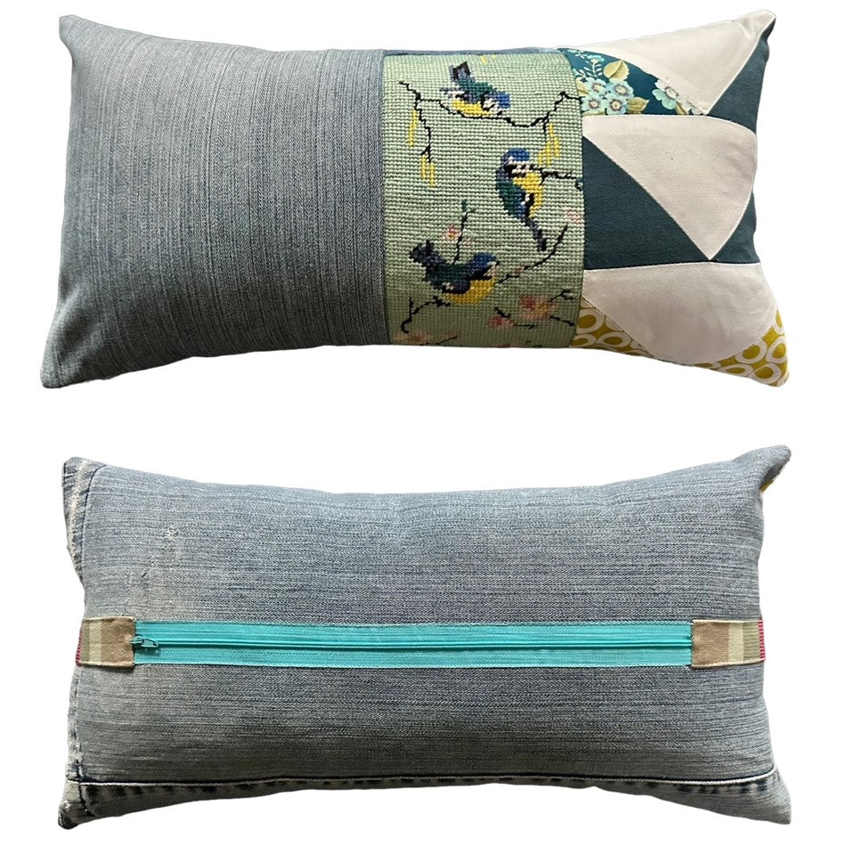 "Birds of a Feather" Vintage Tapestry, Recycled Denim, and Patchwork Cushion