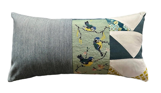 "Birds of a Feather" Vintage Tapestry, Recycled Denim, and Patchwork Cushion