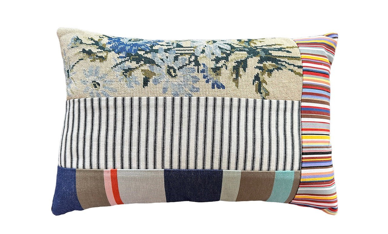 "Blue Bouquet" Vintage Tapestry, Ticking, French Stripe, and Velvet Cushion