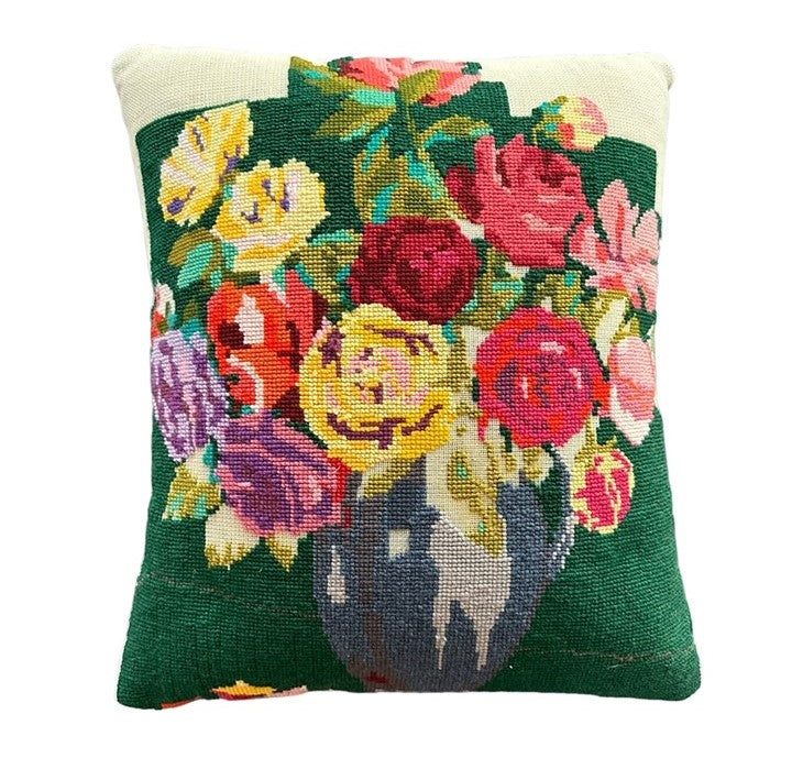 "Vase" Vintage Tapestry and French Stripe Cushion