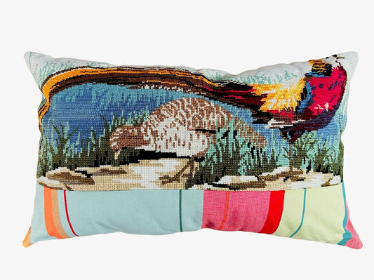 "Pheasants" Vintage Tapestry and Ticking Cushion