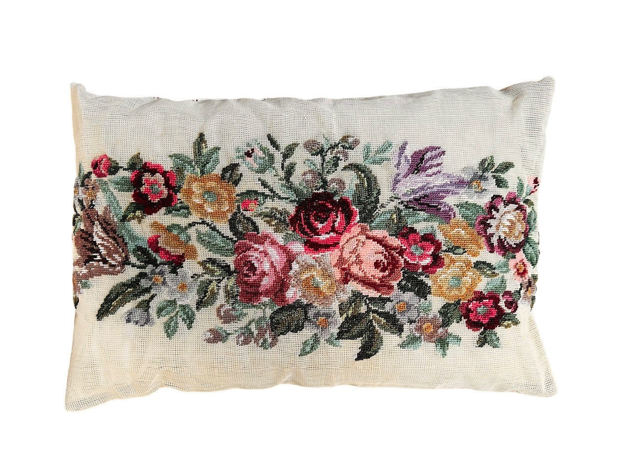 "Roses" Vintage Unfinished Tapestry and Ticking Cushion