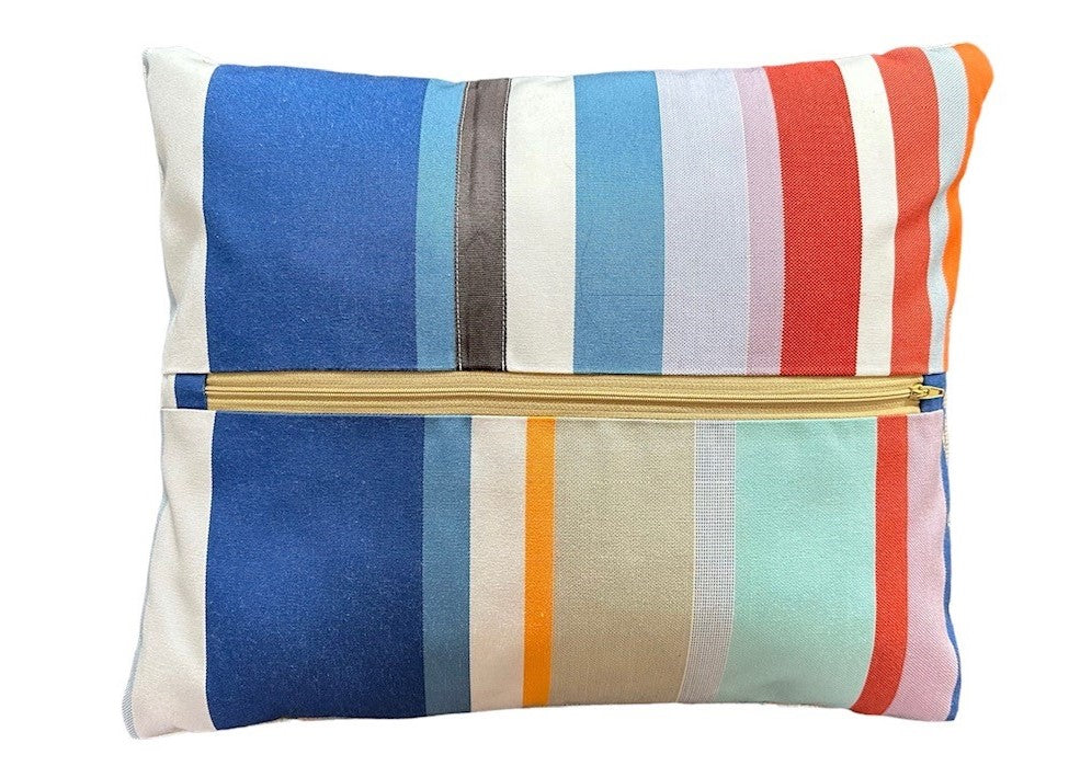 "Blue Flowers" Vintage Tapestry and French Stripe Cushion